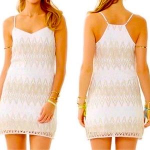 Lilly Pulitzer Dusk Mini Lace Dress EUC White Gold Chevron Pattern Size Medium